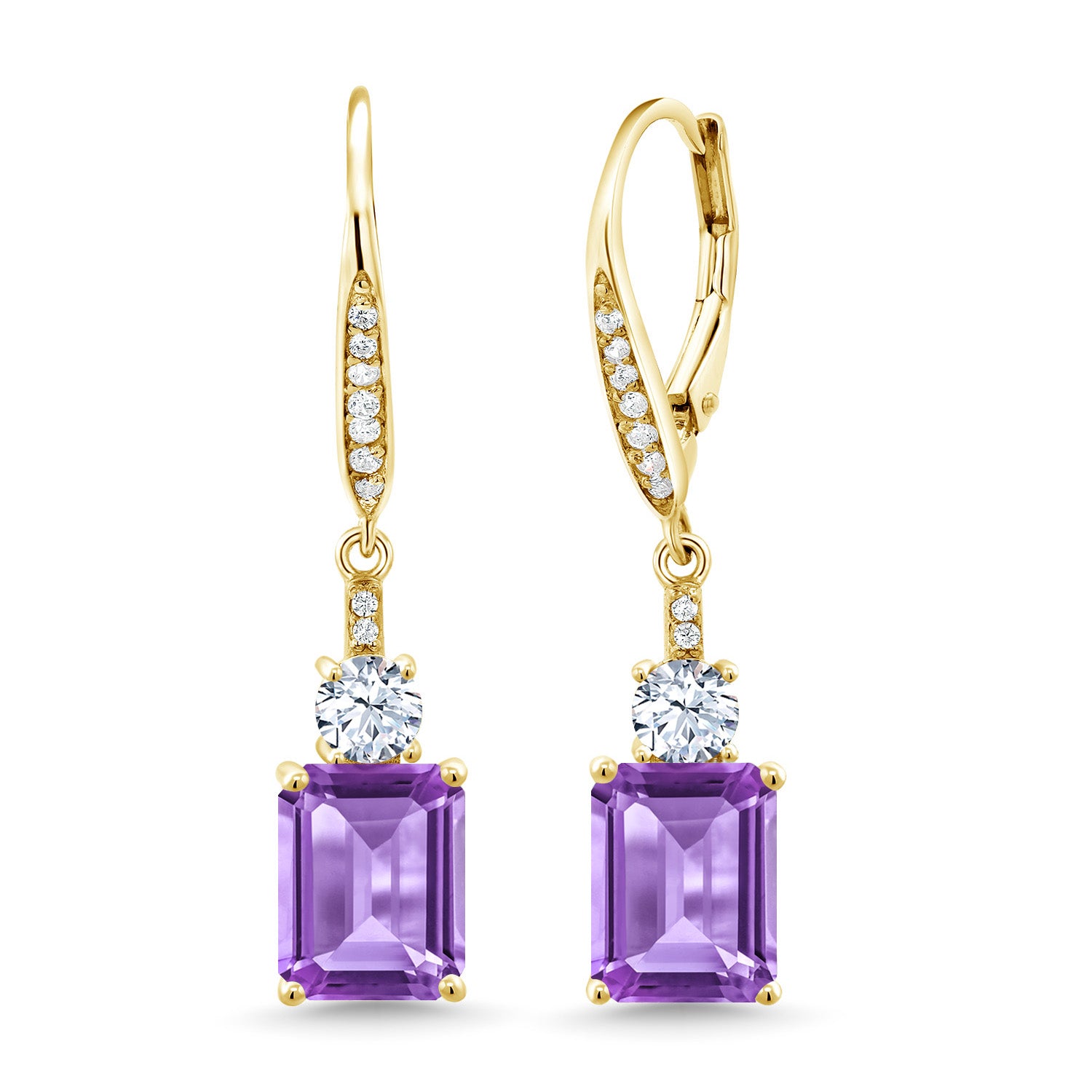 18K Yellow Gold Plated Silver Purple Amethyst Dangle Earrings For Women (5.00 Cttw, Gemstone February Birthstone, Emerald Cut 9X7MM)