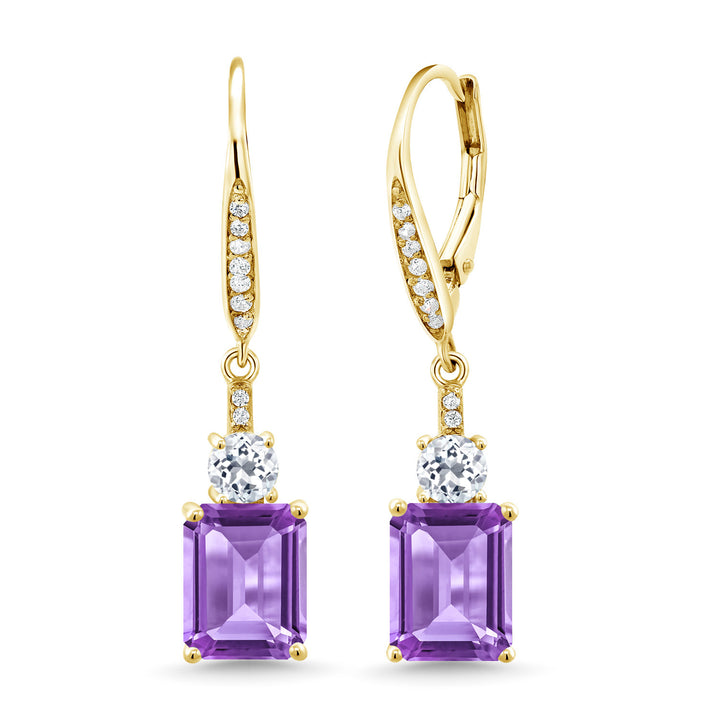 Gem Stone King 4-6 Cttw Leverback Drop Dangle Earrings for Women | Emerald Cut Gemstone Birthstone and White Topaz | 18K Yellow Gold Plated Silver | Gift for Her Wife Mom