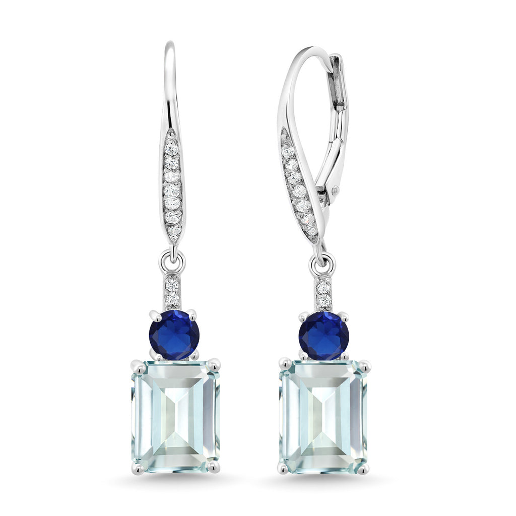 Gem Stone King Gemstone Birthstone and Blue Created Sapphire Dangle Earrings for Women | 925 Sterling Silver | Emerald Cut 9X7MM with 4MM Round Accent | Elegant Drop Design | Gift for Her Wife Mom