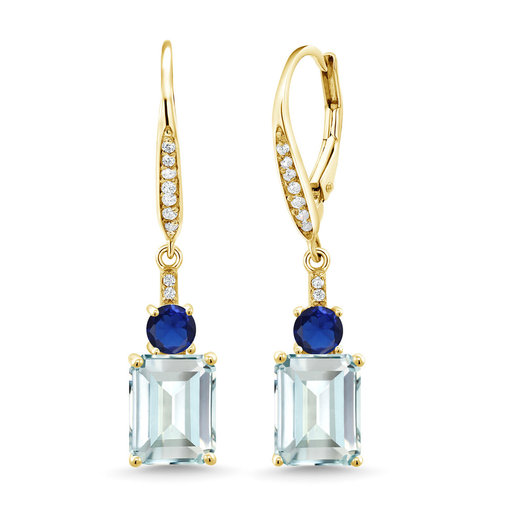 Gem Stone King Gemstone Birthstone and Blue Created Sapphire Dangle Earrings for Women | 18K Yellow Gold Plated Silver | Emerald Cut 9X7MM with 4MM Round Accent | Elegant Drop Design | Gift for Her Wife Mom