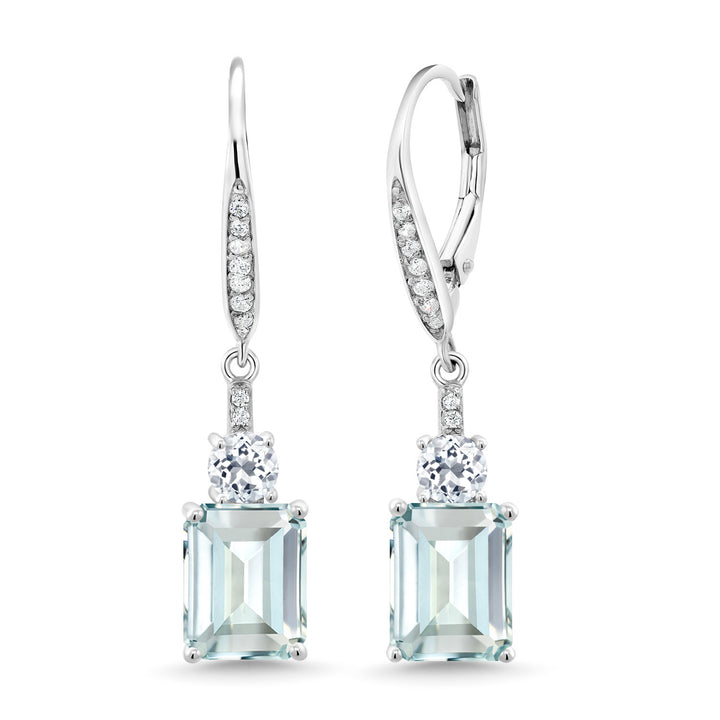 Gem Stone King Drop Dangle Gemstone Birthstone and White Topaz Earrings for Women | 925 Sterling Silver | Emerald Cut 9X7MM | Fine Jewelry Gifts for Her Mom Anniversary Wedding