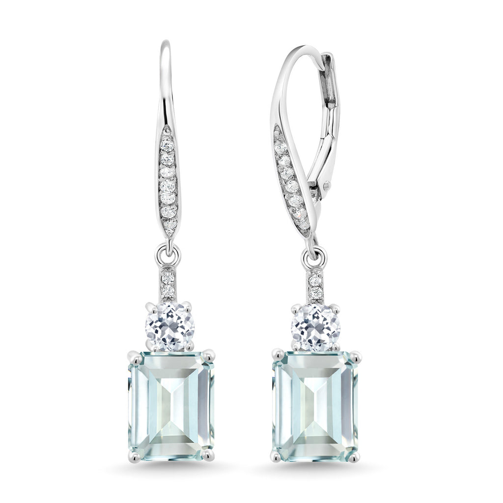 Gem Stone King Drop Dangle Gemstone Birthstone and White Topaz Earrings for Women | 925 Sterling Silver | Emerald Cut 9X7MM | Fine Jewelry Gift for Her Mom Anniversary Wedding