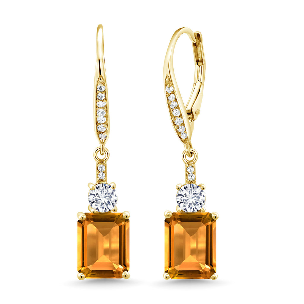 Gem Stone King Gemstone Birthstone and White Moissanite Dangle Earrings For Women | 18K Yellow Gold Plated Silver | Emerald Cut 9X7MM with 4MM Round Accent | Elegant Drop Design