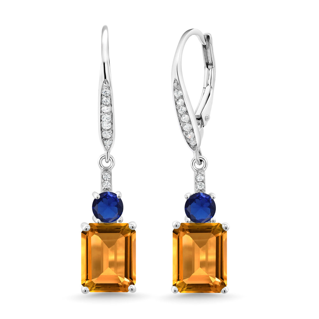 Gem Stone King Gemstone Birthstone and Blue Created Sapphire Dangle Earrings for Women | 925 Sterling Silver | Emerald Cut 9X7MM with 4MM Round Accent | Elegant Drop Design | Gift for Her Wife Mom