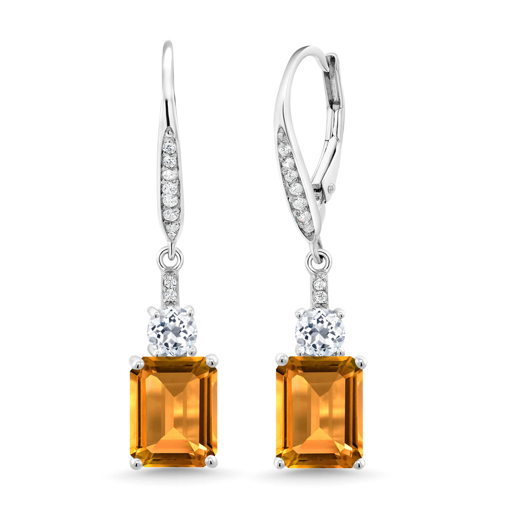 Gem Stone King Drop Dangle Gemstone Birthstone and White Topaz Earrings for Women | 925 Sterling Silver | Emerald Cut 9X7MM | Fine Jewelry Gift for Her Mom Anniversary Wedding