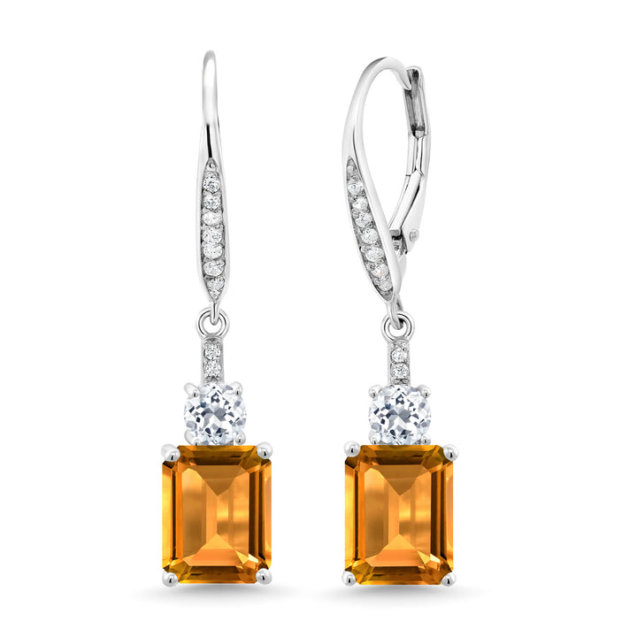 Gem Stone King Drop Dangle Gemstone Birthstone and White Topaz Earrings for Women | 925 Sterling Silver | Emerald Cut 9X7MM | Fine Jewelry Gift for Her Mom Anniversary Wedding