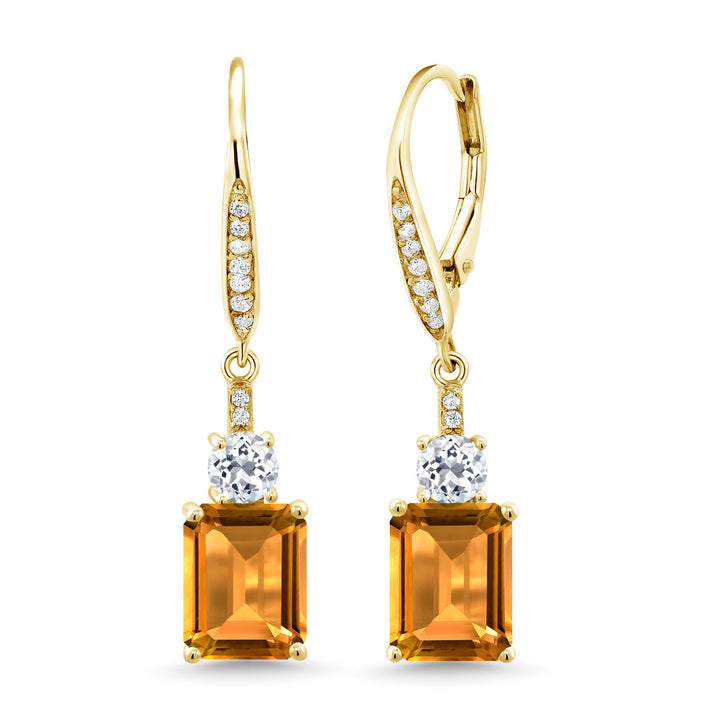 Gem Stone King 4-6 Cttw Leverback Drop Dangle Earrings for Women | Emerald Cut Gemstone Birthstone and White Topaz | 18K Yellow Gold Plated Silver | Gift for Her Wife Mom