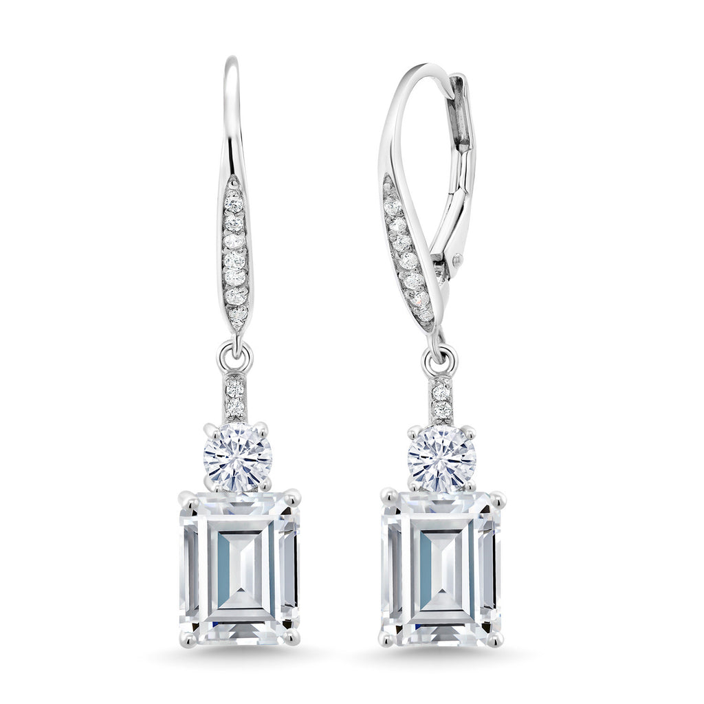 Gem Stone King 4-7 Cttw Dangle Earrings for Women | Gemstone Birthstone and White Moissanite | 925 Sterling Silver | Emerald Cut 9X7MM | Elegant Drop Design | Gift for Her Wife Mom
