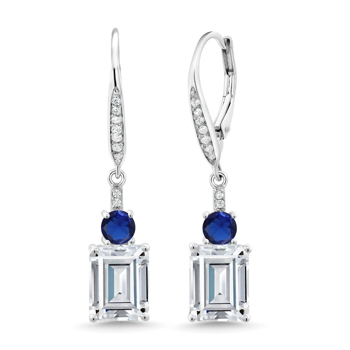 Gem Stone King Gemstone Birthstone and Blue Created Sapphire Dangle Earrings for Women | 925 Sterling Silver | Emerald Cut 9X7MM with 4MM Round Accent | Elegant Drop Design | Gift for Her Wife Mom