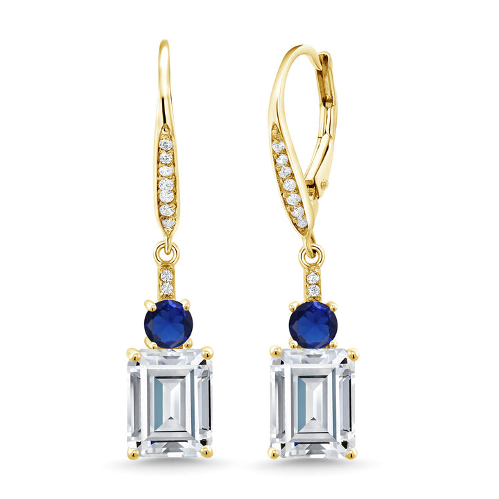 Gem Stone King Gemstone Birthstone and Blue Created Sapphire Dangle Earrings for Women | 18K Yellow Gold Plated Silver | Emerald Cut 9X7MM with 4MM Round Accent | Elegant Drop Design | Gift for Her Wife Mom