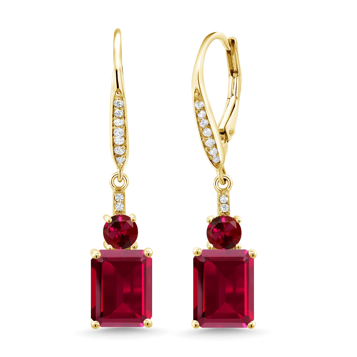 18K Yellow Gold Plated Silver Red Created Ruby Dangle Earrings For Women (6.10 Cttw, Gemstone July Birthstone, Emerald Cut 9X7MM)