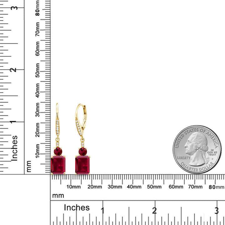 18K Yellow Gold Plated Silver Red Created Ruby Dangle Earrings For Women (6.10 Cttw, Gemstone July Birthstone, Emerald Cut 9X7MM)