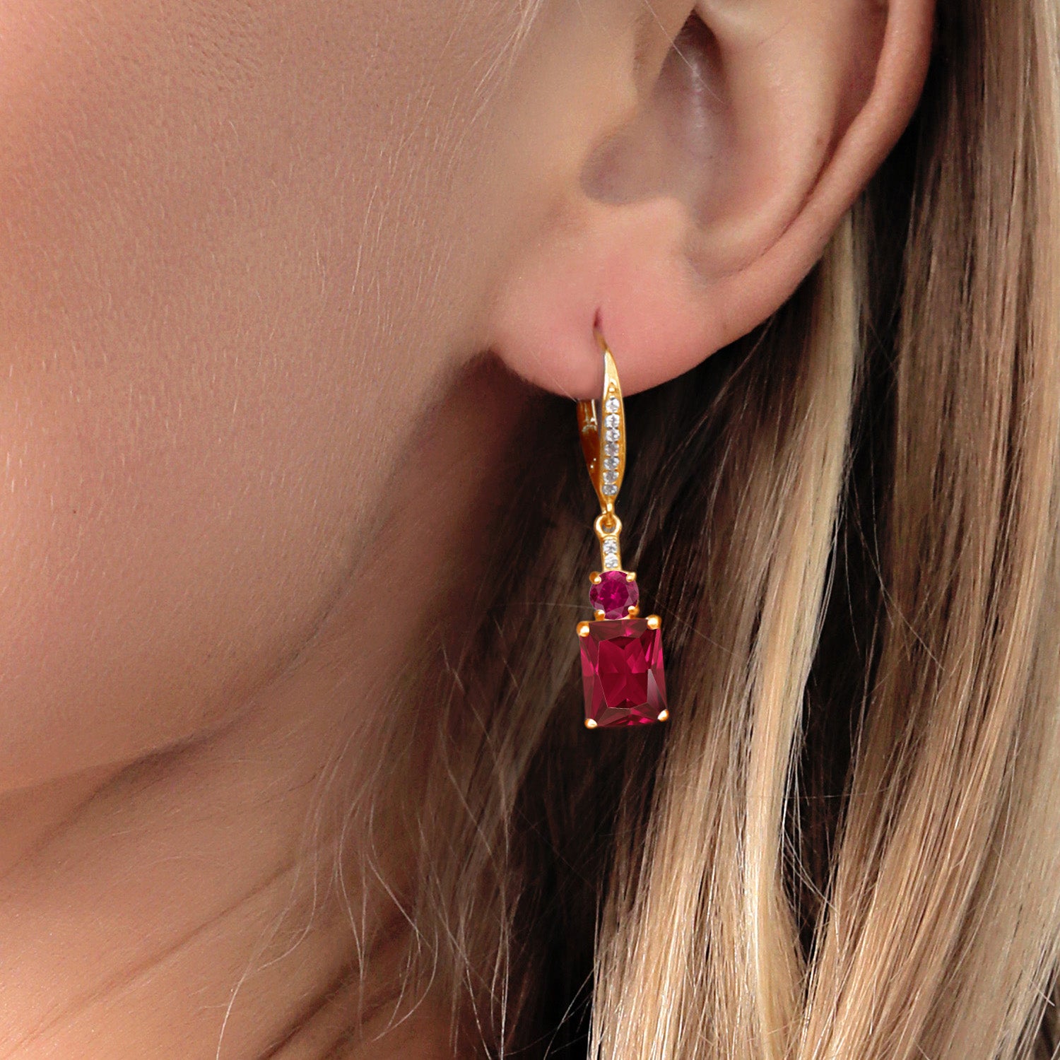 18K Yellow Gold Plated Silver Red Created Ruby Dangle Earrings For Women (6.10 Cttw, Gemstone July Birthstone, Emerald Cut 9X7MM)