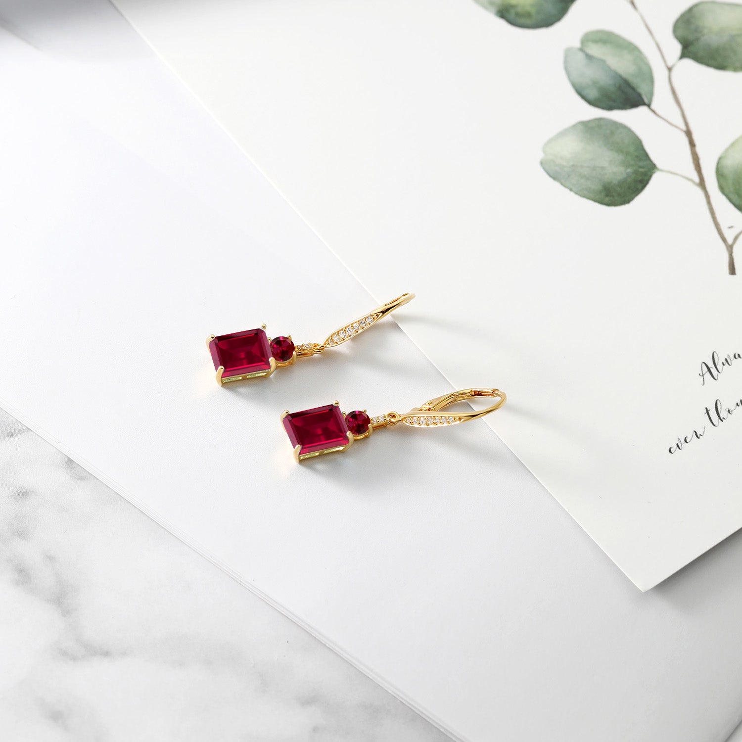 18K Yellow Gold Plated Silver Red Created Ruby Dangle Earrings For Women (6.10 Cttw, Gemstone July Birthstone, Emerald Cut 9X7MM)