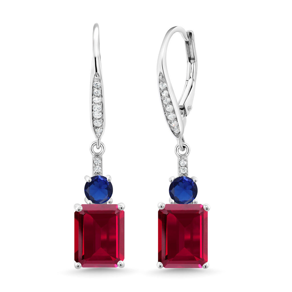 Gem Stone King Gemstone Birthstone and Blue Created Sapphire Dangle Earrings for Women | 925 Sterling Silver | Emerald Cut 9X7MM with 4MM Round Accent | Elegant Drop Design | Gift for Her Wife Mom