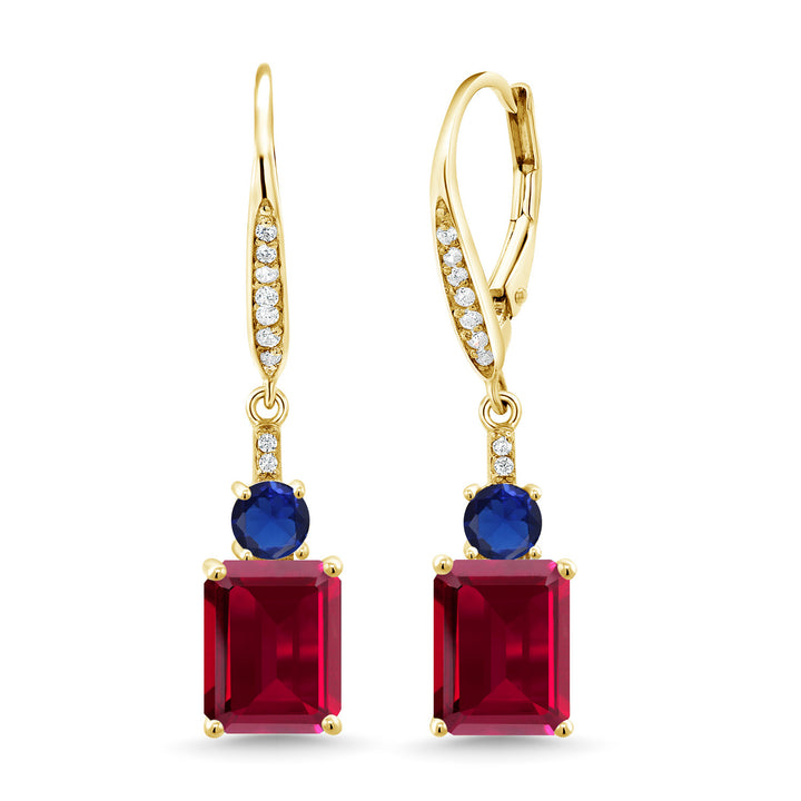 Gem Stone King Gemstone Birthstone and Blue Created Sapphire Dangle Earrings for Women | 18K Yellow Gold Plated Silver | Emerald Cut 9X7MM with 4MM Round Accent | Elegant Drop Design | Gift for Her Wife Mom