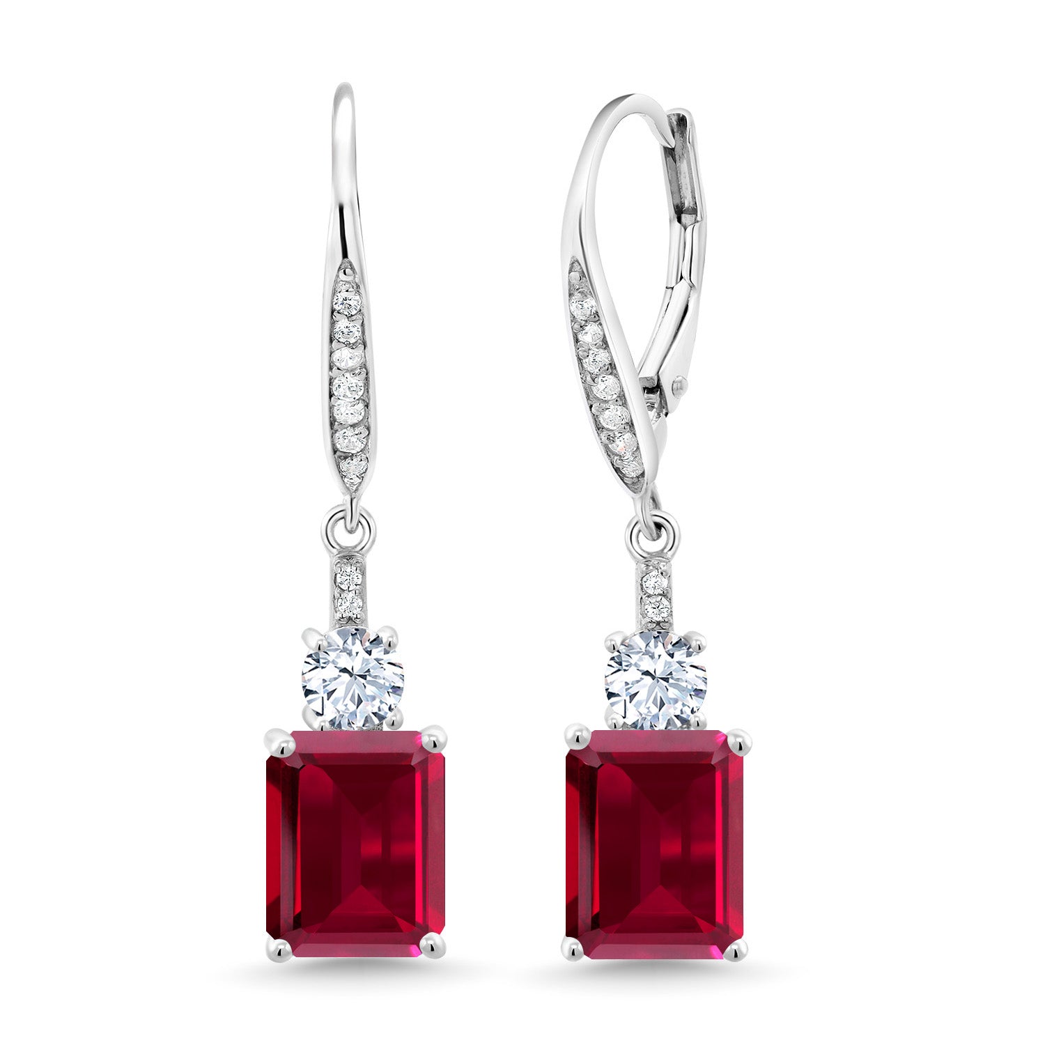 925 Sterling Silver Red Created Ruby Dangle Earrings For Women (5.60 Cttw, Gemstone July Birthstone, Emerald Cut 9X7MM)