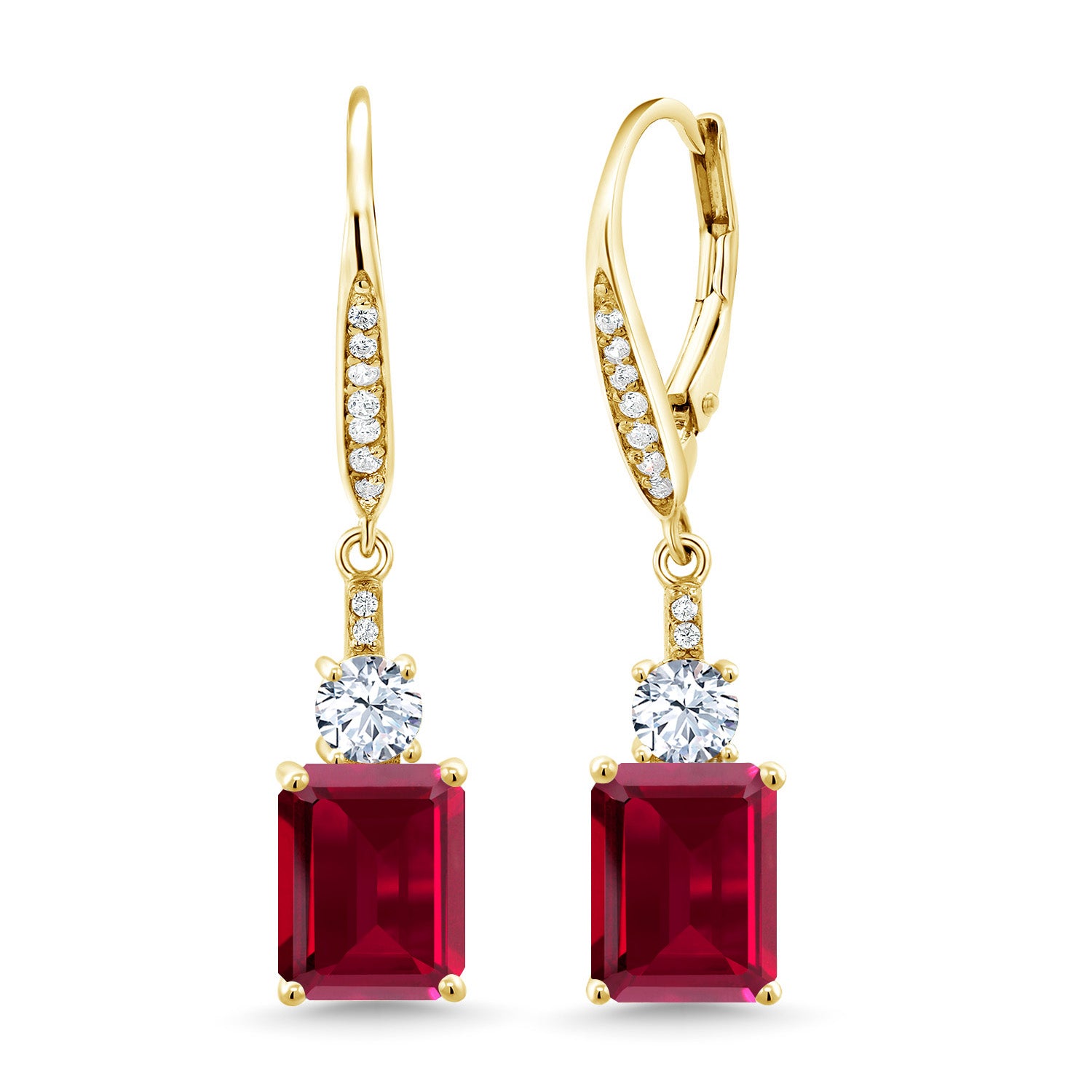 18K Yellow Gold Plated Silver Red Created Ruby Dangle Earrings For Women (5.60 Cttw, Gemstone July Birthstone, Emerald Cut 9X7MM)