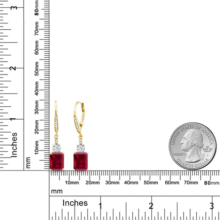 18K Yellow Gold Plated Silver Red Created Ruby Dangle Earrings For Women (5.60 Cttw, Gemstone July Birthstone, Emerald Cut 9X7MM)