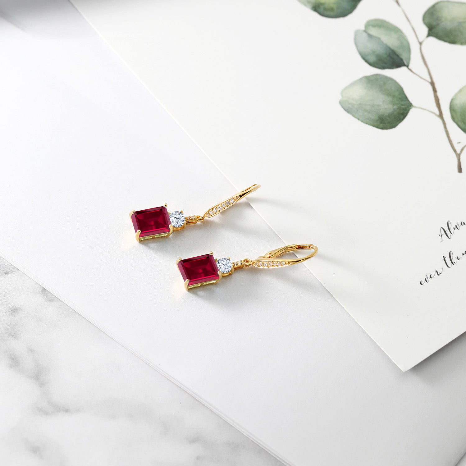 18K Yellow Gold Plated Silver Red Created Ruby Dangle Earrings For Women (5.60 Cttw, Gemstone July Birthstone, Emerald Cut 9X7MM)