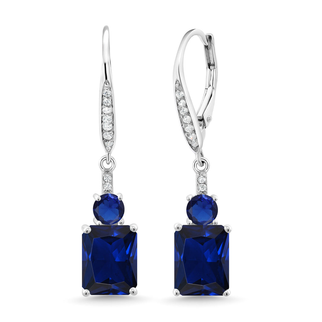 Gem Stone King Gemstone Birthstone and Blue Created Sapphire Dangle Earrings for Women | 925 Sterling Silver | Emerald Cut 9X7MM with 4MM Round Accent | Elegant Drop Design | Gift for Her Wife Mom