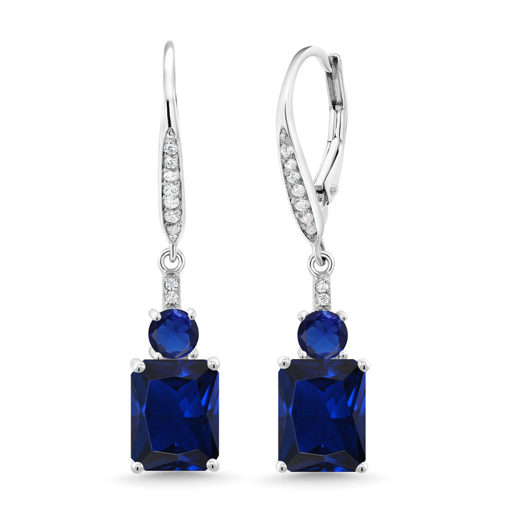 Gem Stone King Gemstone Birthstone and Blue Created Sapphire Dangle Earrings for Women | 925 Sterling Silver | Emerald Cut 9X7MM with 4MM Round Accent | Elegant Drop Design | Gift for Her Wife Mom