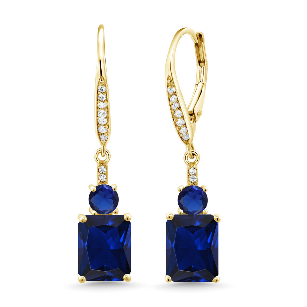 Gem Stone King Gemstone Birthstone and Blue Created Sapphire Dangle Earrings for Women | 18K Yellow Gold Plated Silver | Emerald Cut 9X7MM with 4MM Round Accent | Elegant Drop Design | Gift for Her Wife Mom