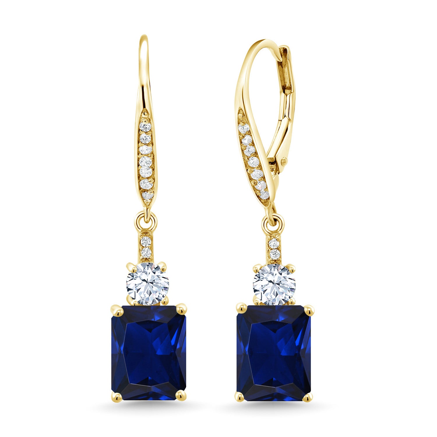 18K Yellow Gold Plated Silver Blue Created Sapphire Dangle Earrings For Women (5.40 Cttw, Gemstone September Birthstone, Octagon 9X7MM)