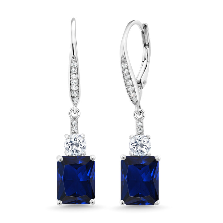 Gem Stone King Drop Dangle Gemstone Birthstone and White Topaz Earrings for Women | 925 Sterling Silver | Emerald Cut 9X7MM | Fine Jewelry Gift for Her Mom Anniversary Wedding