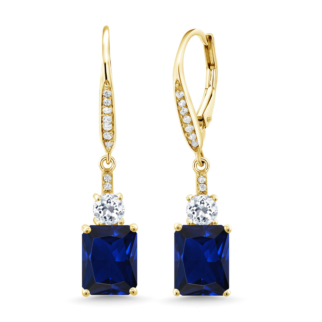 Gem Stone King 4-6 Cttw Leverback Drop Dangle Earrings for Women | Emerald Cut Gemstone Birthstone and White Topaz | 18K Yellow Gold Plated Silver | Gift for Her Wife Mom