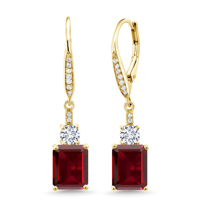 Gem Stone King Gemstone Birthstone and White Moissanite Dangle Earrings For Women | 18K Yellow Gold Plated Silver | Emerald Cut 9X7MM with 4MM Round Accent | Elegant Drop Design
