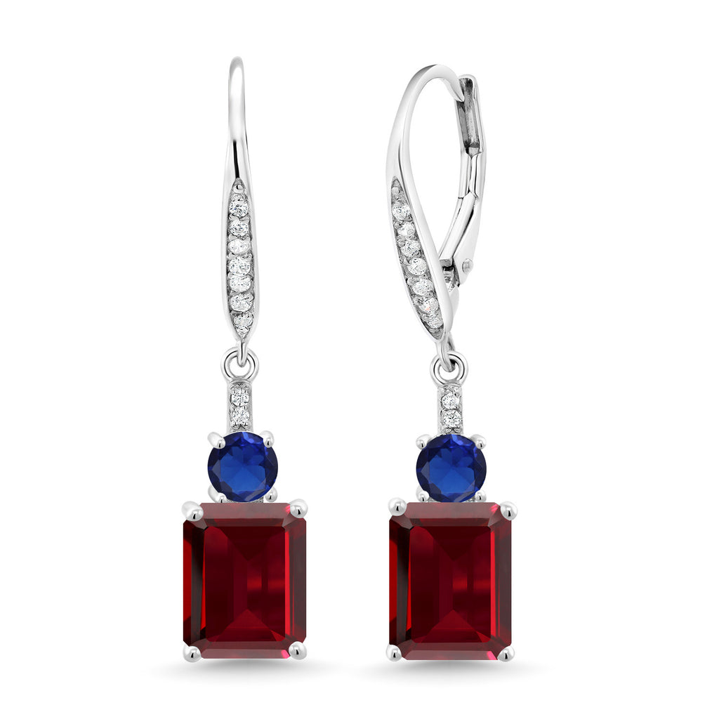 Gem Stone King Gemstone Birthstone and Blue Created Sapphire Dangle Earrings for Women | 925 Sterling Silver | Emerald Cut 9X7MM with 4MM Round Accent | Elegant Drop Design | Gift for Her Wife Mom