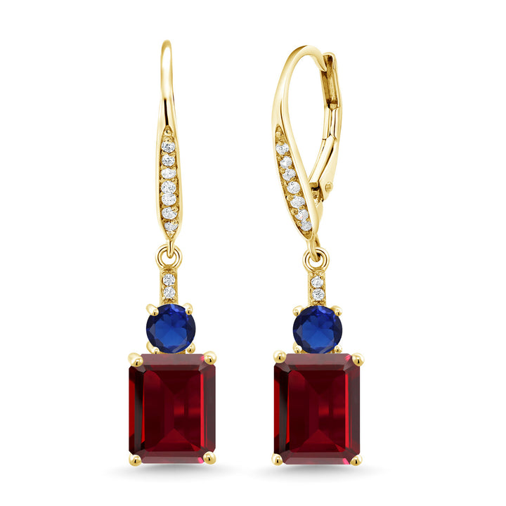Gem Stone King Gemstone Birthstone and Blue Created Sapphire Dangle Earrings for Women | 18K Yellow Gold Plated Silver | Emerald Cut 9X7MM with 4MM Round Accent | Elegant Drop Design | Gift for Her Wife Mom