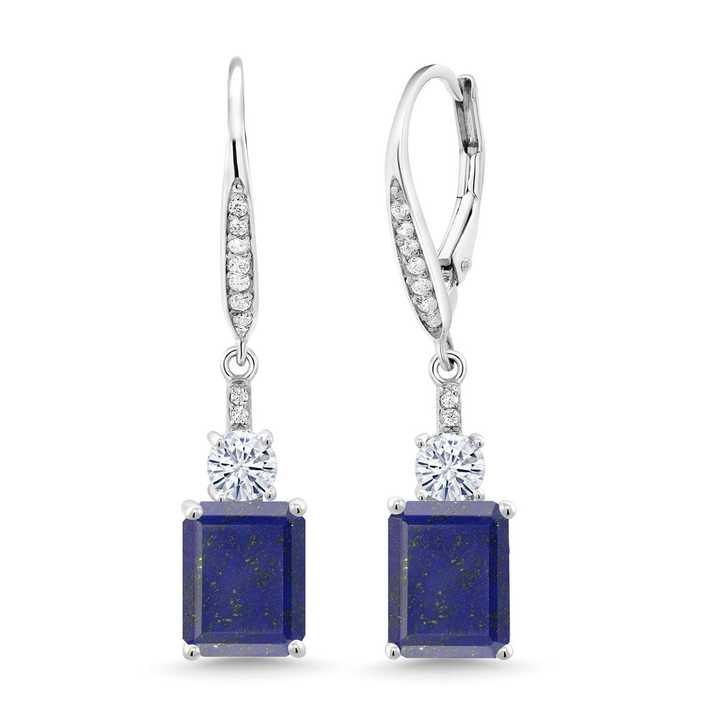 Gem Stone King 4-7 Cttw Dangle Earrings for Women | Gemstone Birthstone and White Moissanite | 925 Sterling Silver | Emerald Cut 9X7MM | Elegant Drop Design | Gift for Her Wife Mom