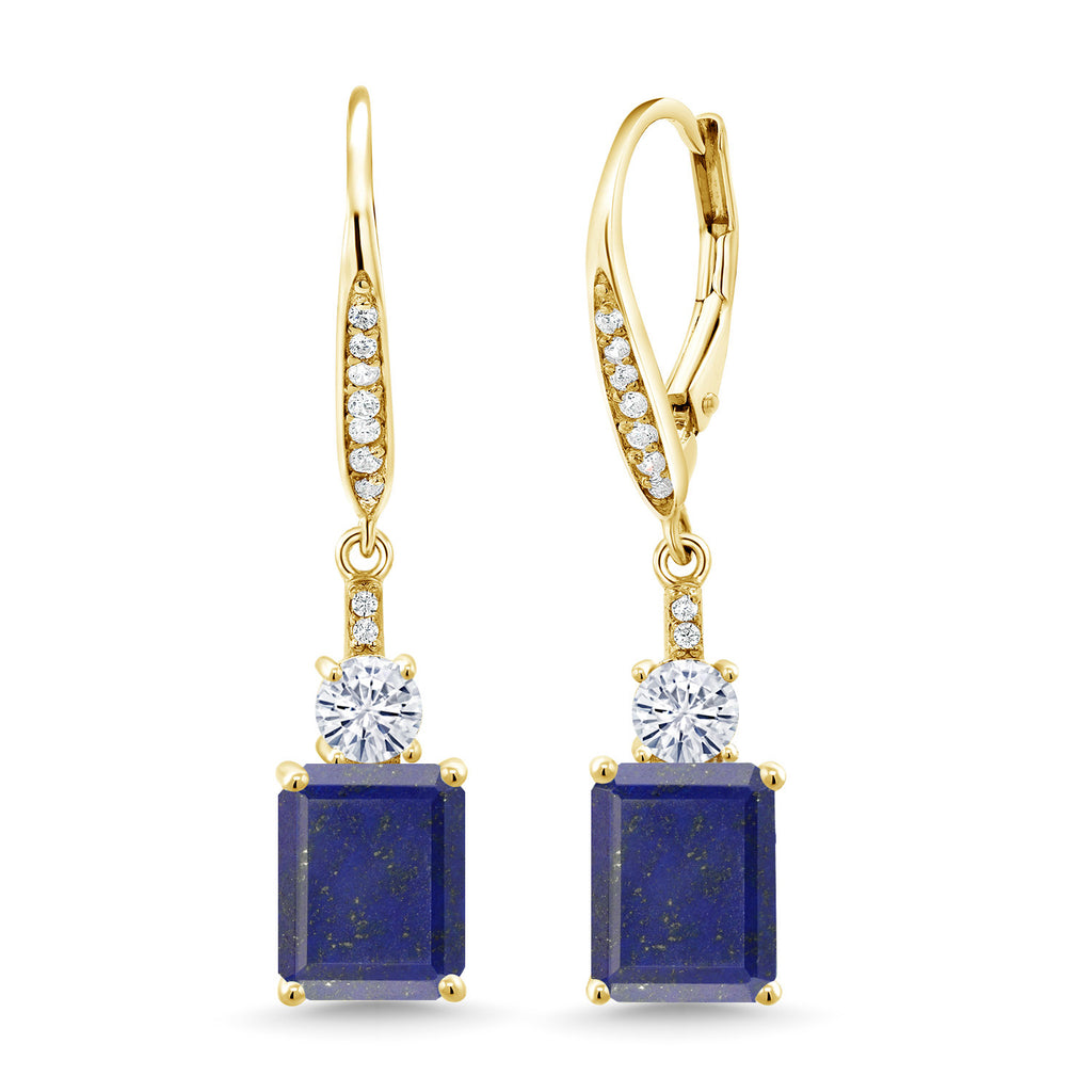 Gem Stone King Gemstone Birthstone and White Moissanite Dangle Earrings For Women | 18K Yellow Gold Plated Silver | Emerald Cut 9X7MM with 4MM Round Accent | Elegant Drop Design