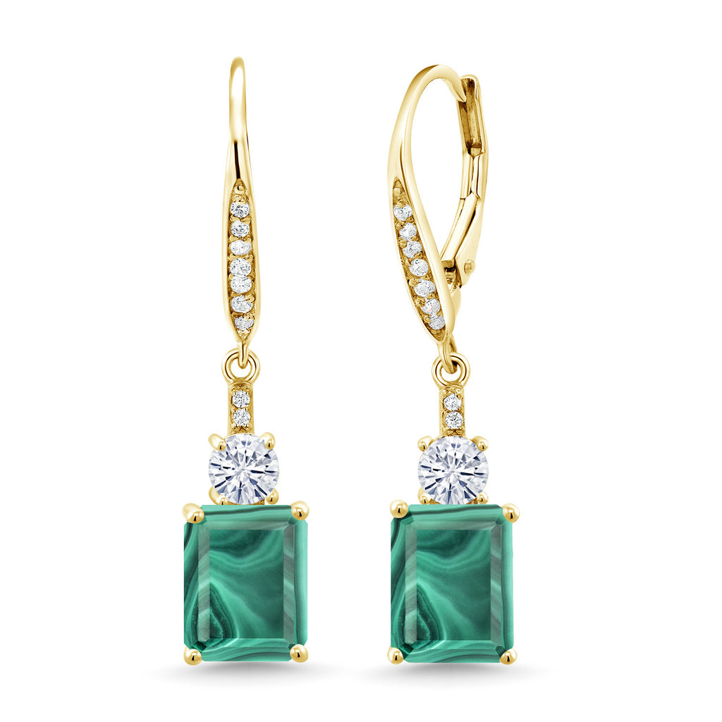 Gem Stone King Gemstone Birthstone and White Moissanite Dangle Earrings For Women | 18K Yellow Gold Plated Silver | Emerald Cut 9X7MM with 4MM Round Accent | Elegant Drop Design