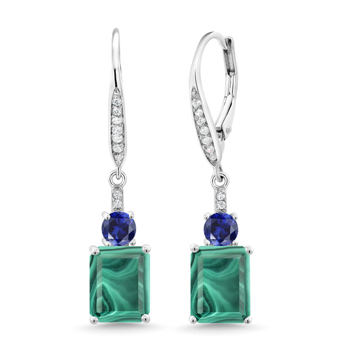 Gem Stone King Gemstone Birthstone and Blue Created Sapphire Dangle Earrings for Women | 925 Sterling Silver | Emerald Cut 9X7MM with 4MM Round Accent | Elegant Drop Design | Gift for Her Wife Mom