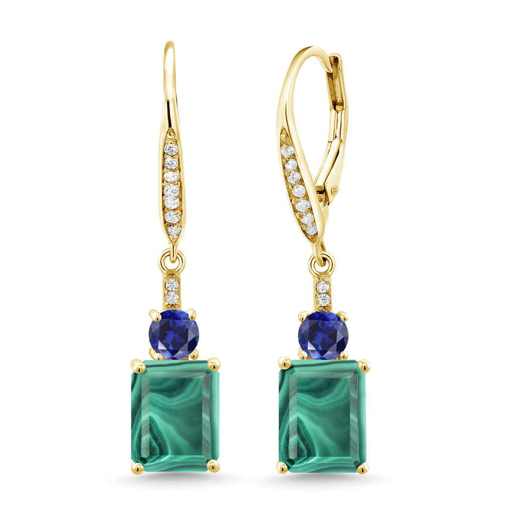 Gem Stone King Gemstone Birthstone and Blue Created Sapphire Dangle Earrings for Women | 18K Yellow Gold Plated Silver | Emerald Cut 9X7MM with 4MM Round Accent | Elegant Drop Design | Gift for Her Wife Mom