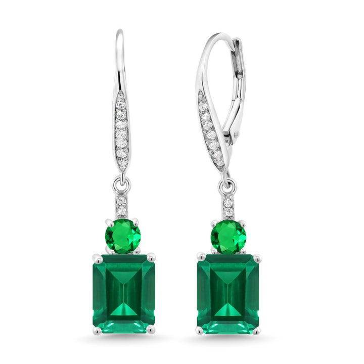 925 Sterling Silver Green Nano Emerald Dangle Earrings For Women (4.60 Cttw, Gemstone May Birthstone, Emerald Cut 9X7MM)