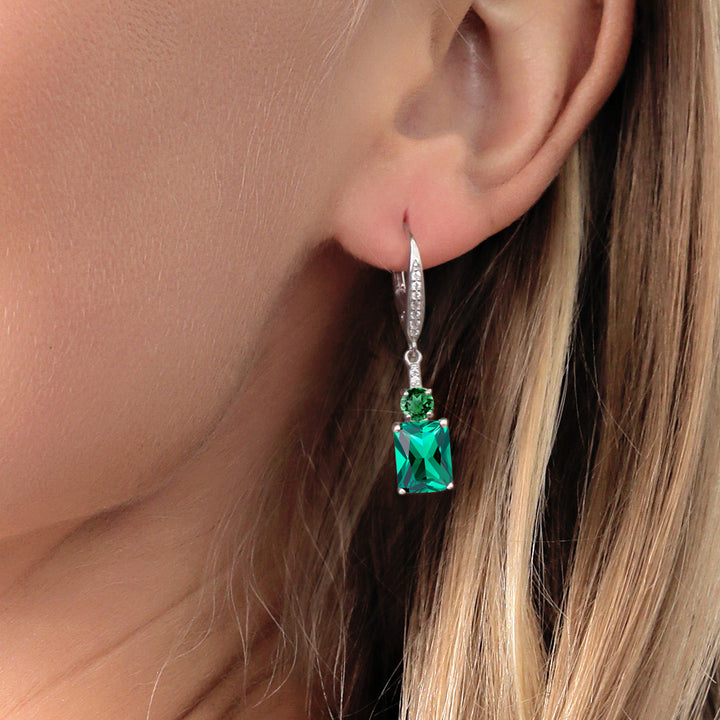 925 Sterling Silver Green Nano Emerald Dangle Earrings For Women (4.60 Cttw, Gemstone May Birthstone, Emerald Cut 9X7MM)