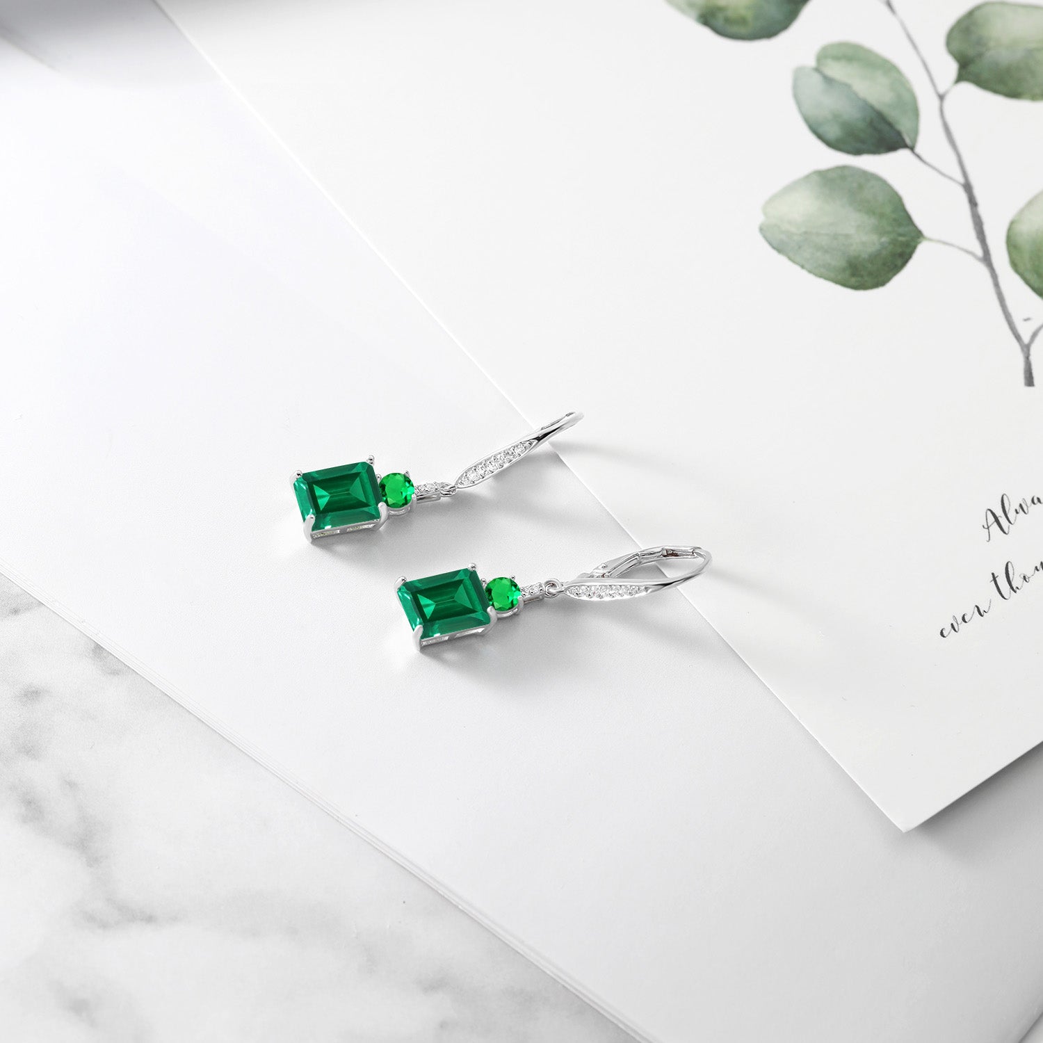 925 Sterling Silver Green Nano Emerald Dangle Earrings For Women (4.60 Cttw, Gemstone May Birthstone, Emerald Cut 9X7MM)