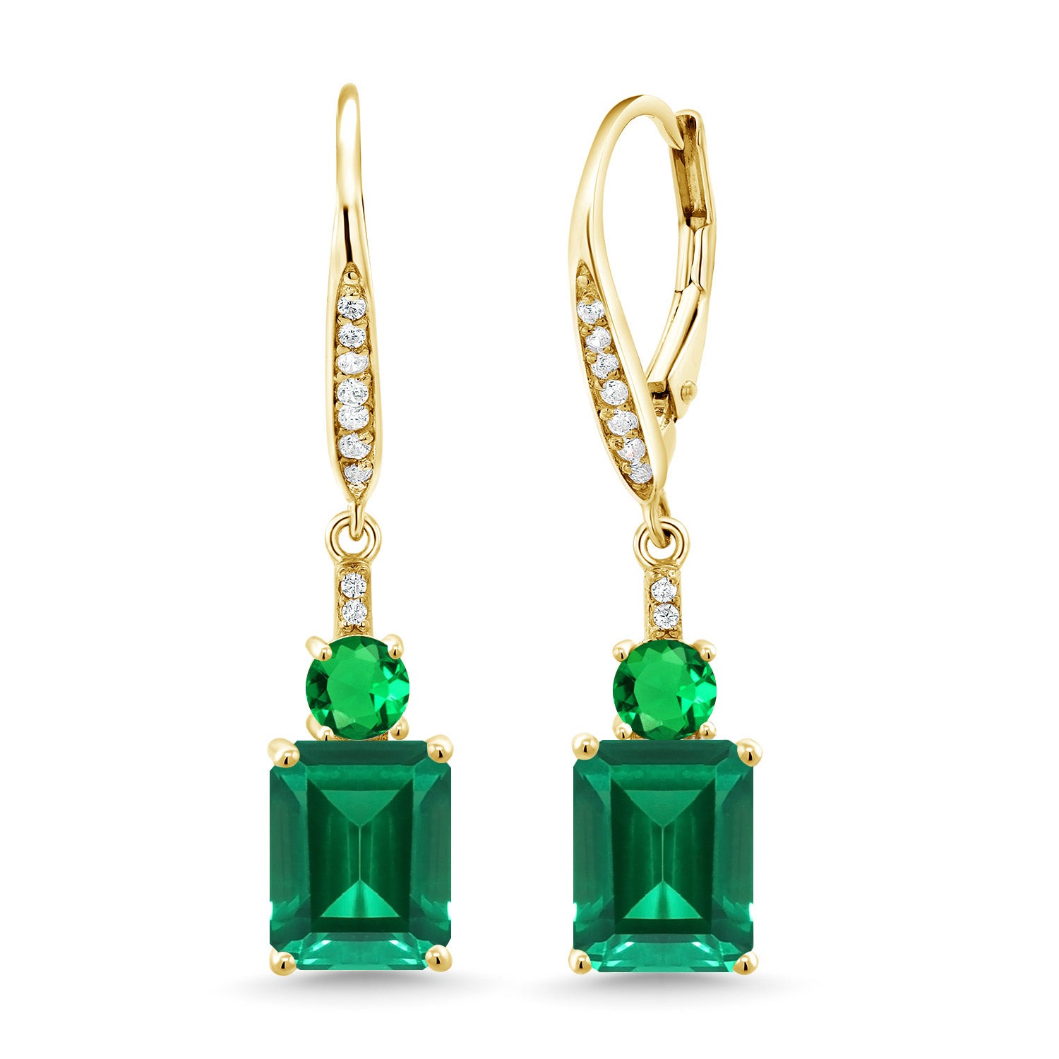 18K Yellow Gold Plated Silver Green Nano Emerald Dangle Earrings For Women (4.60 Cttw, Gemstone May Birthstone, Emerald Cut 9X7MM)