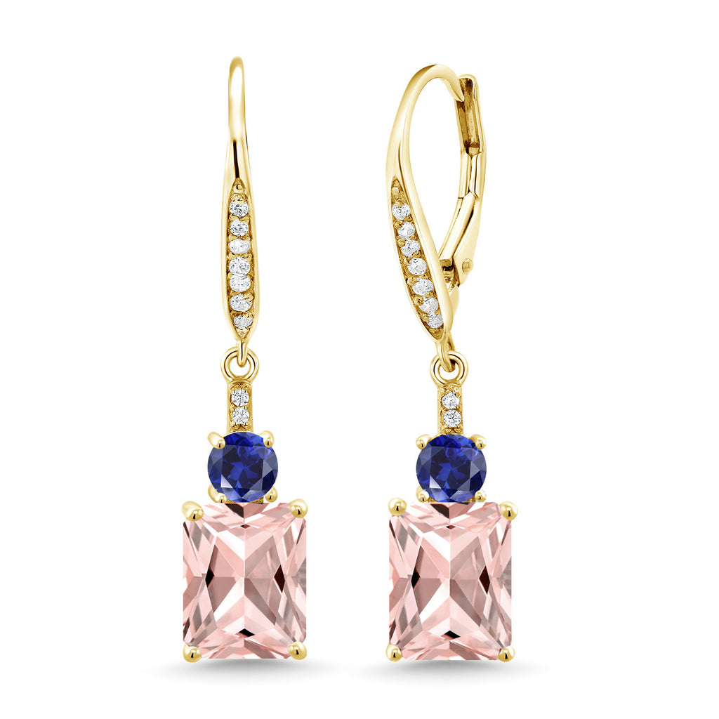 Gem Stone King Gemstone Birthstone and Blue Created Sapphire Dangle Earrings for Women | 18K Yellow Gold Plated Silver | Emerald Cut 9X7MM with 4MM Round Accent | Elegant Drop Design | Gift for Her Wife Mom