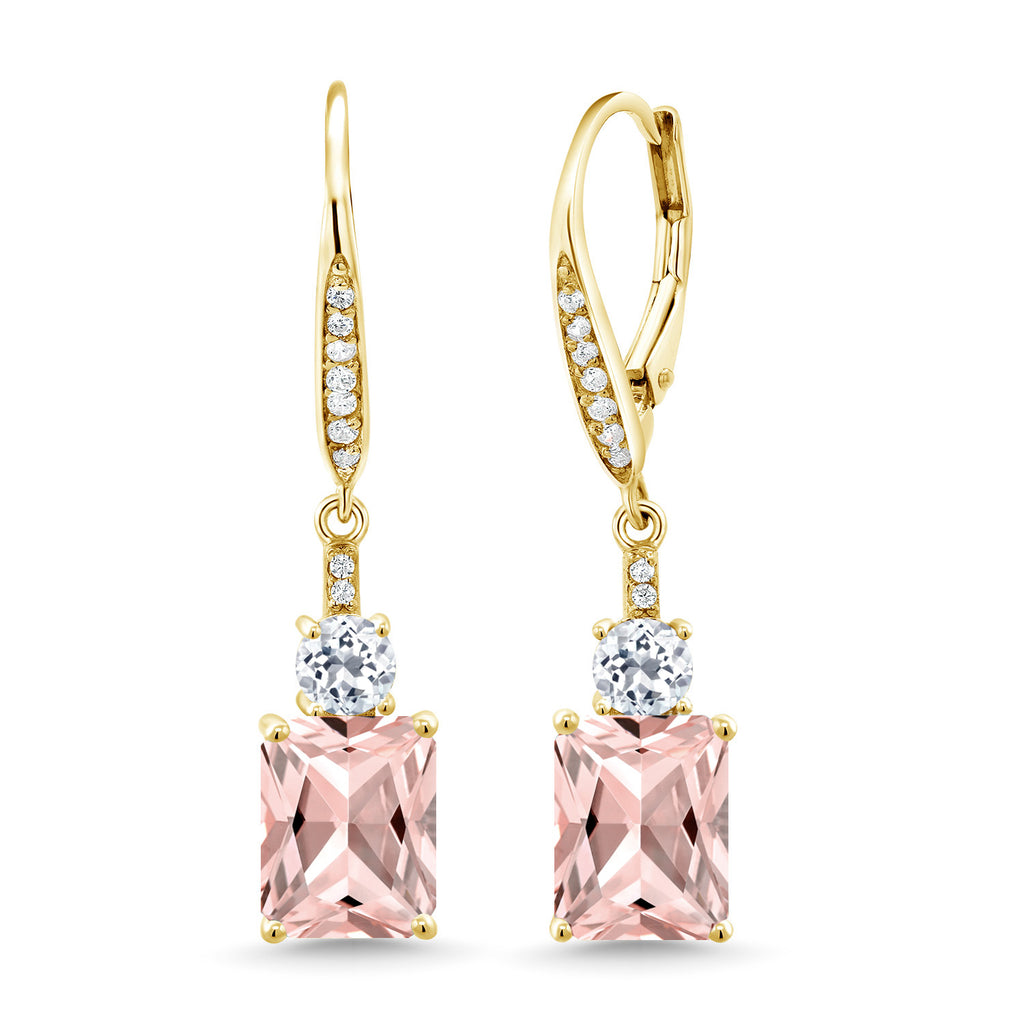 Gem Stone King 4-6 Cttw Leverback Drop Dangle Earrings for Women | Emerald Cut Gemstone Birthstone and White Topaz | 18K Yellow Gold Plated Silver | Gift for Her Wife Mom