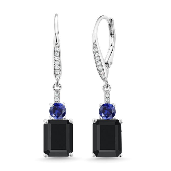 Gem Stone King Gemstone Birthstone and Blue Created Sapphire Dangle Earrings for Women | 925 Sterling Silver | Emerald Cut 9X7MM with 4MM Round Accent | Elegant Drop Design | Gift for Her Wife Mom