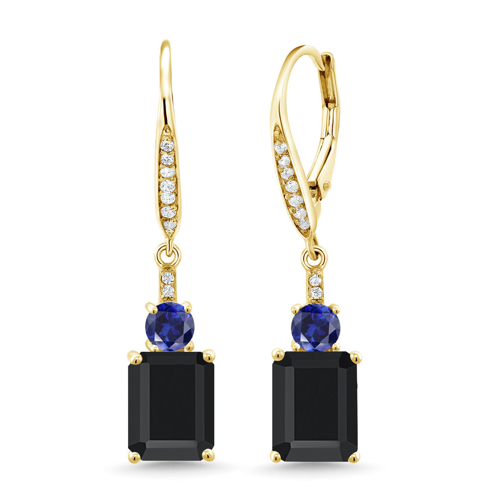 Gem Stone King Gemstone Birthstone and Blue Created Sapphire Dangle Earrings for Women | 18K Yellow Gold Plated Silver | Emerald Cut 9X7MM with 4MM Round Accent | Elegant Drop Design | Gift for Her Wife Mom