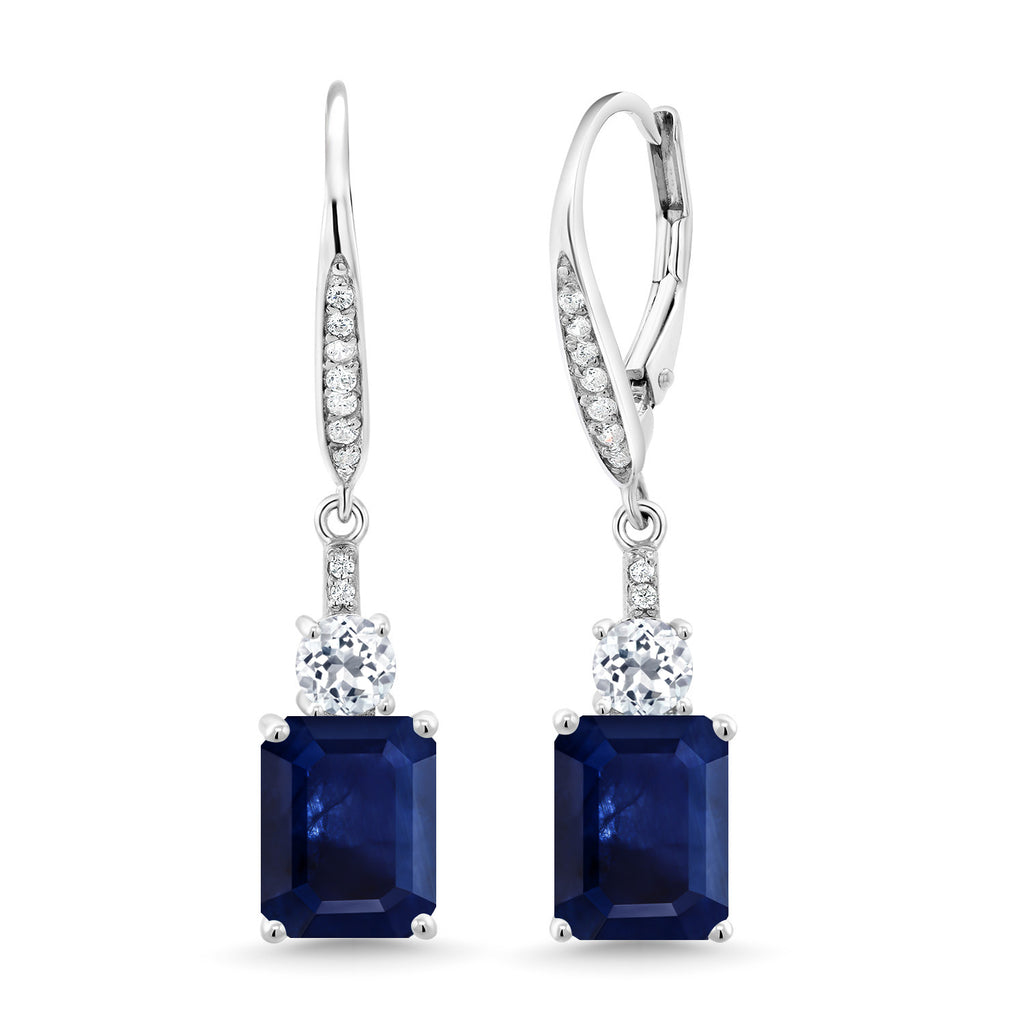Gem Stone King Drop Dangle Gemstone Birthstone and White Topaz Earrings for Women | 925 Sterling Silver | Emerald Cut 9X7MM | Fine Jewelry Gifts for Her Mom Anniversary Wedding