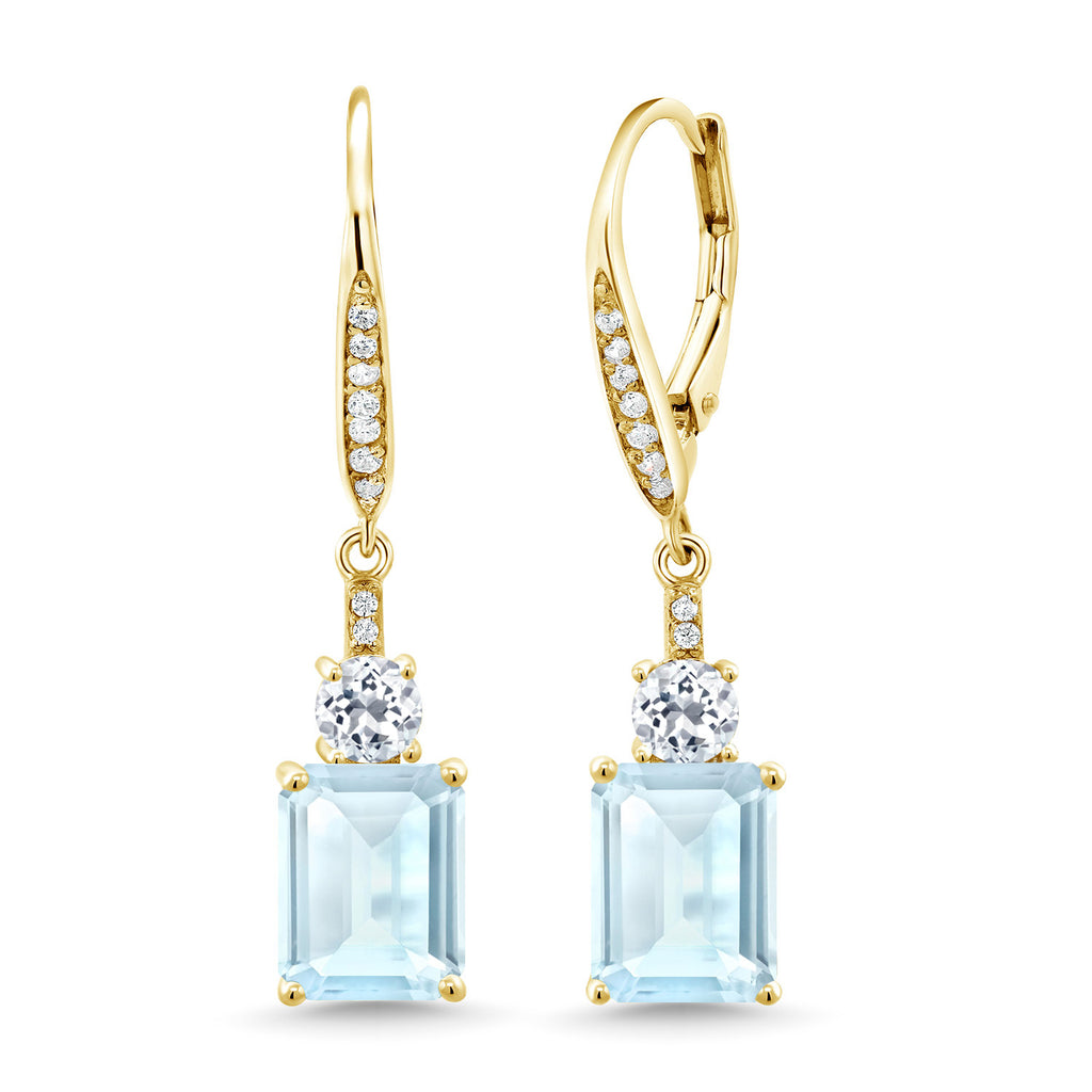 Gem Stone King 4-6 Cttw Leverback Drop Dangle Earrings for Women | Emerald Cut Gemstone Birthstone and White Topaz | 18K Yellow Gold Plated Silver | Gift for Her Wife Mom