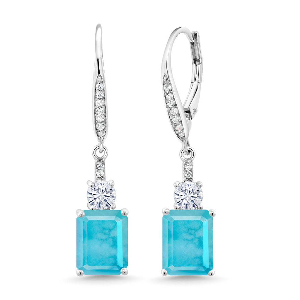 Gem Stone King 4-7 Cttw Dangle Earrings for Women | Gemstone Birthstone and White Moissanite | 925 Sterling Silver | Emerald Cut 9X7MM | Elegant Drop Design | Gift for Her Wife Mom