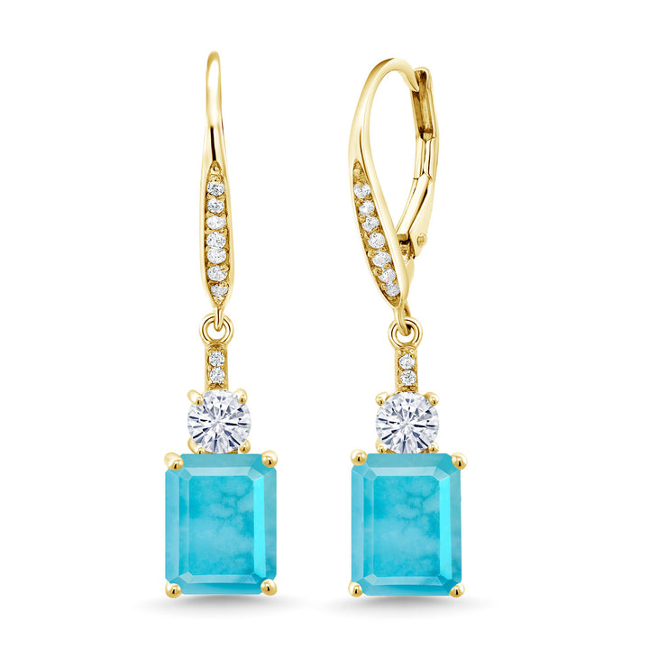 Gem Stone King Gemstone Birthstone and White Moissanite Dangle Earrings For Women | 18K Yellow Gold Plated Silver | Emerald Cut 9X7MM with 4MM Round Accent | Elegant Drop Design